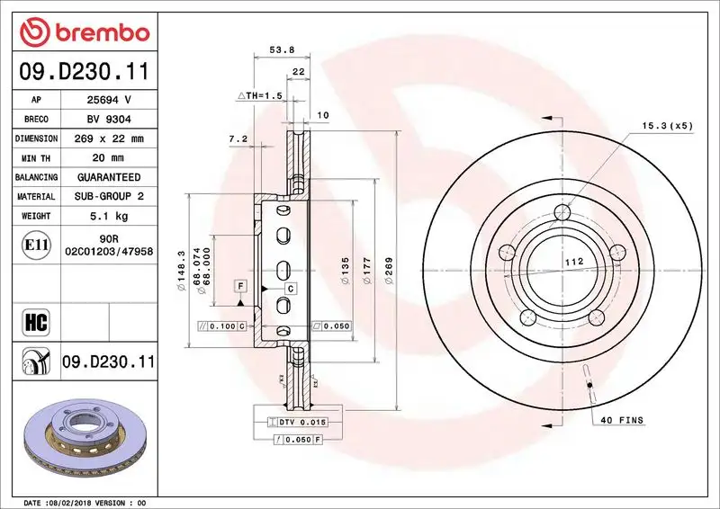 BREMBO 09.D230.11 Arka Fren Diski 4B3615601 resmi