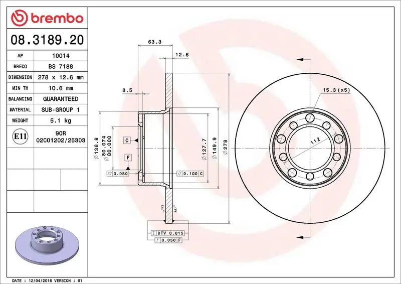 BREMBO 08.3189.20 Ön Fren Diski resmi