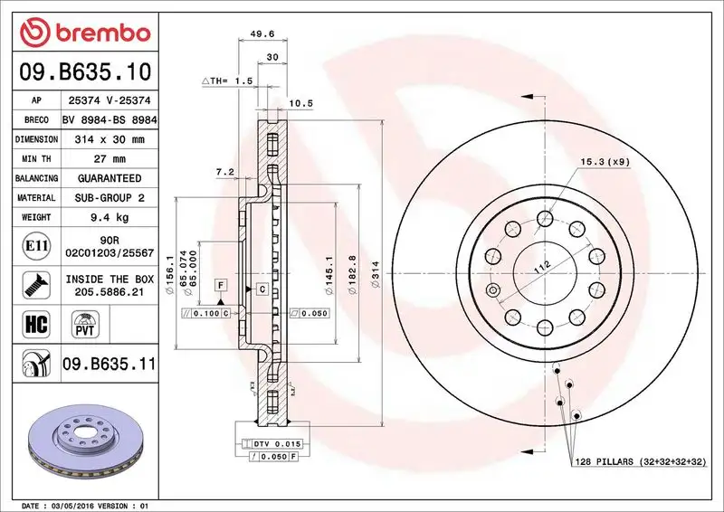 BREMBO 09.B635.11 Ön Fren Diski resmi