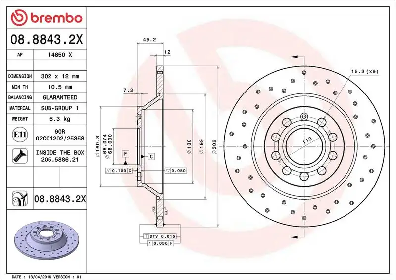 BREMBO 08.8843.2X Arka Fren Diski 4F0615601E resmi