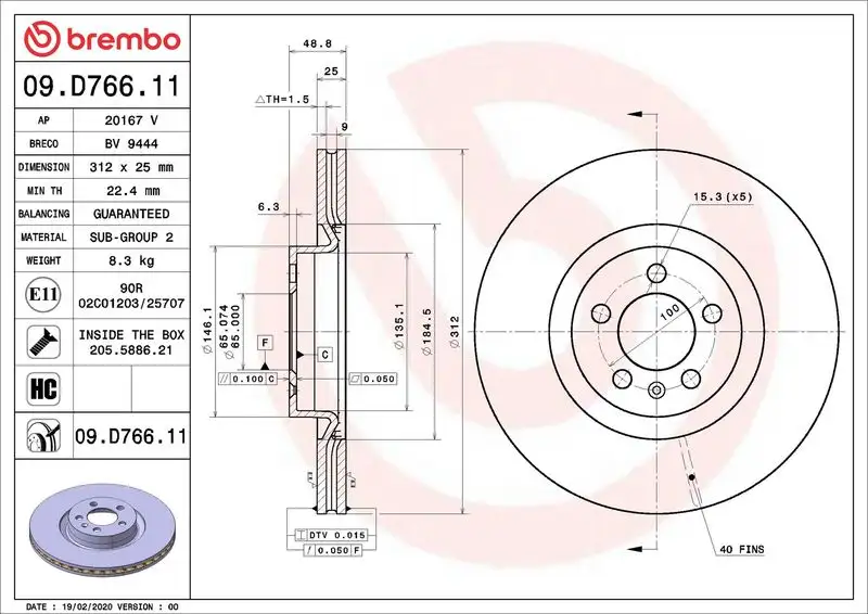 BREMBO 09.D766.11 Ön Fren Diski 2Q0615301N resmi