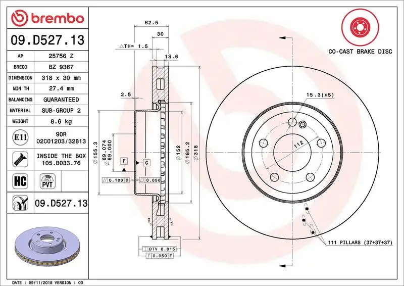 BREMBO 09.D527.13 Ön Fren Diski A0004212612 resmi