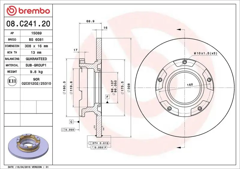 BREMBO 08.C241.20 Arka Fren Diski resmi