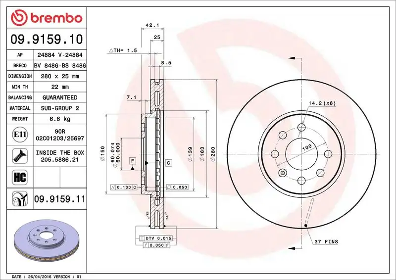 BREMBO 09.9159.10 Ön Fren Diski 93175376 resmi