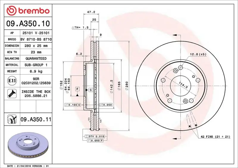 BREMBO 09.A350.11 Ön Fren Diski 45251SEAE00 resmi