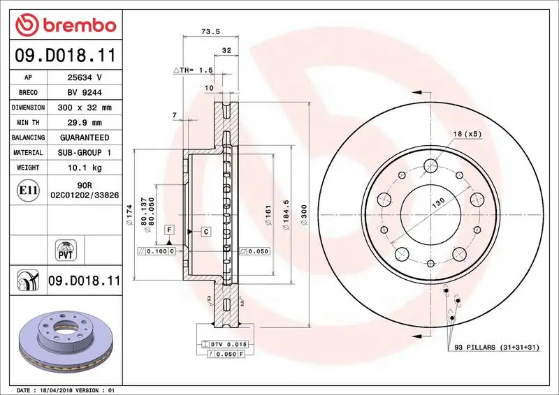 BREMBO 09.D018.11 Ön Fren Diski resmi