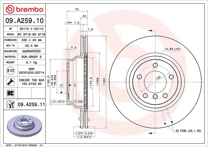 BREMBO 09.A259.11 Ön Fren Diski 34116854999 resmi