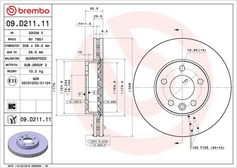 BREMBO 09.D211.11 Ön Fren Diski 7H0615301D resmi