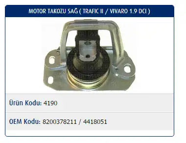 MASTER M4190 Motor Takozu (Sağ) 8200378211 resmi