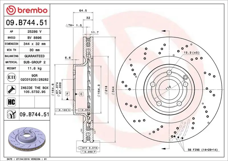 BREMBO 09.B744.51 Ön Fren Diski A1724210212 resmi