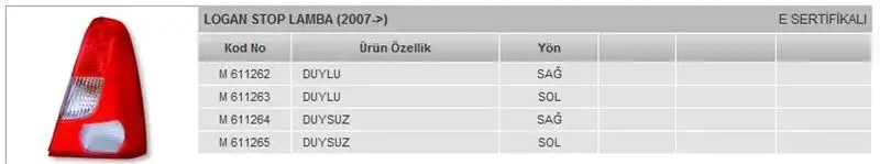 MARS 611263 Stop Lambası (Sol) 6001549148 resmi