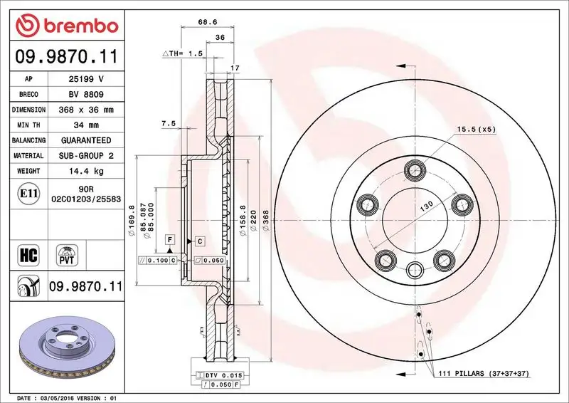 BREMBO 09.9870.11 Ön Fren Diski 95535140300 resmi