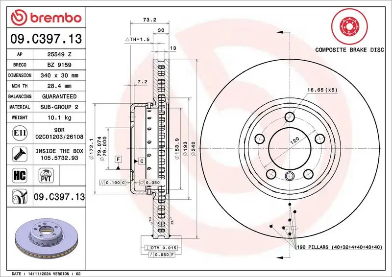 BREMBO 09.C397.13 Ön Fren Diski 34116792223 resmi