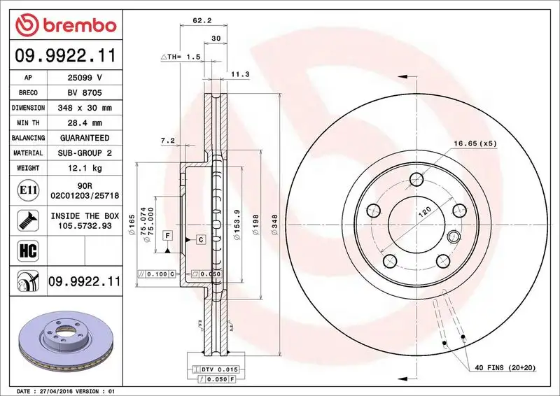 BREMBO 09.9922.11 Ön Fren Diski resmi
