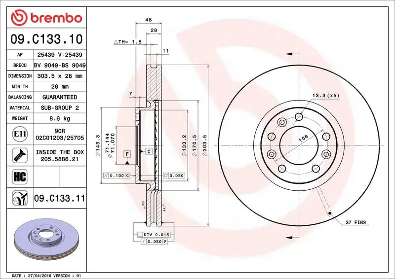 BREMBO 09.C133.11 Ön Fren Diski resmi