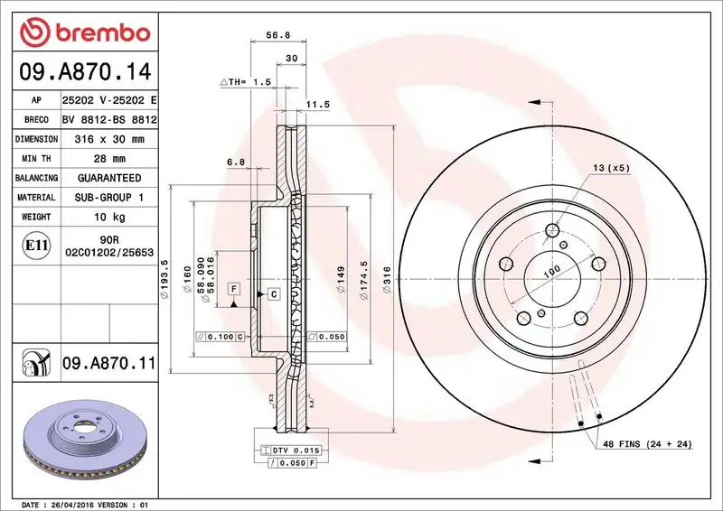 BREMBO 09.A870.14 Ön Fren Diski 26300AG001 resmi