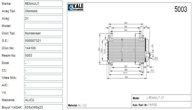 KALE 050ABC2AL Klima Radyatörü resmi