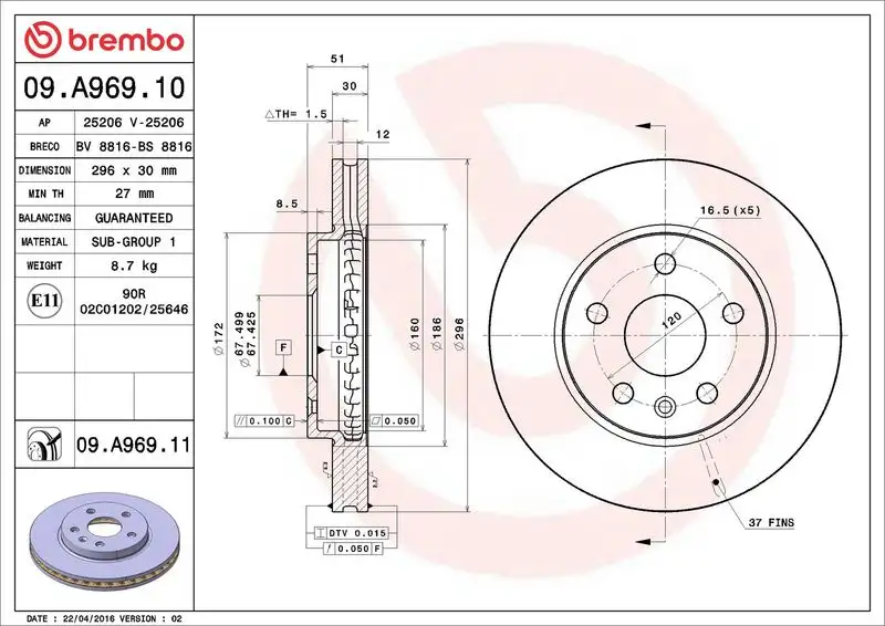 BREMBO 09.A969.10 Ön Fren Diski resmi