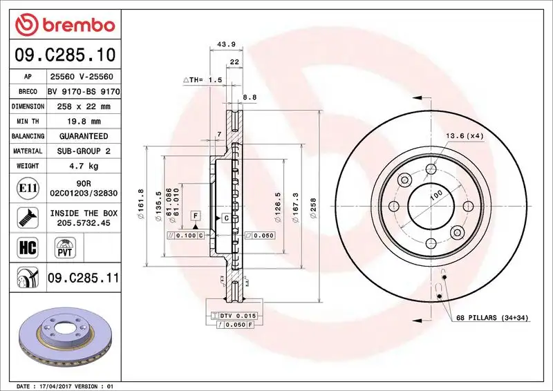 BREMBO 09.C285.11 Ön Fren Diski resmi