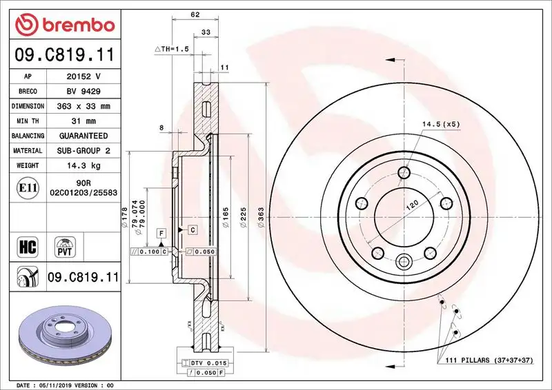BREMBO 09.C819.11 Ön Fren Diski LR161893 resmi