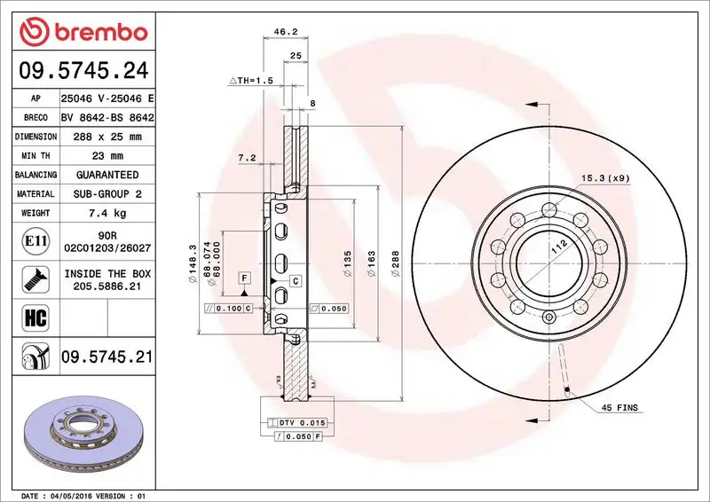 BREMBO 09.5745.24 Ön Fren Diski resmi