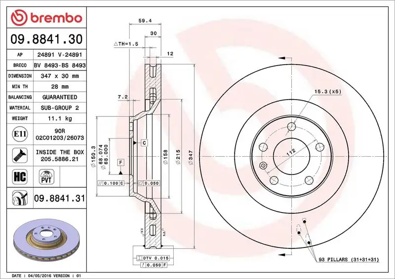 BREMBO 09.8841.31 Ön Fren Diski 4F0615301G resmi