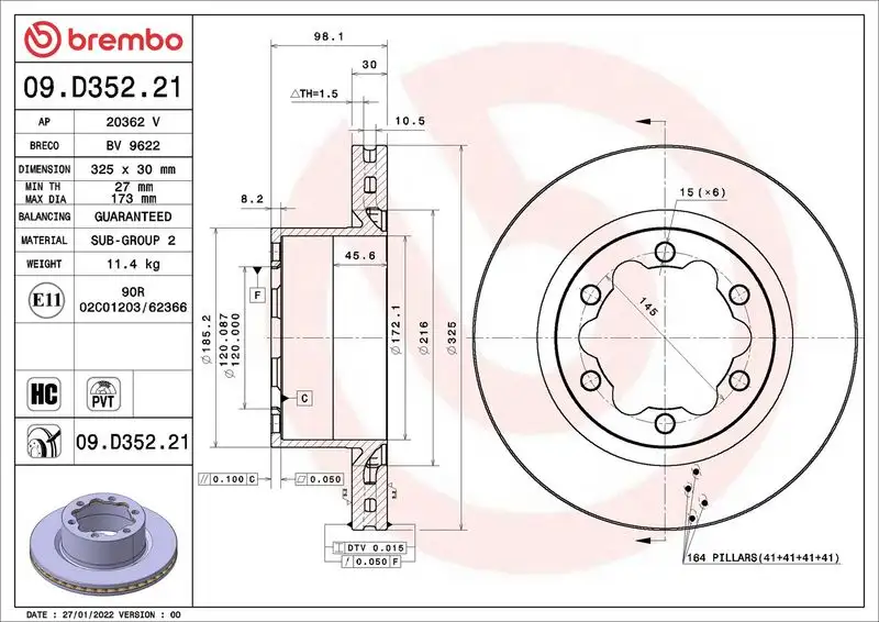 BREMBO 09.D352.21 Arka Fren Diski 2N0615601B resmi