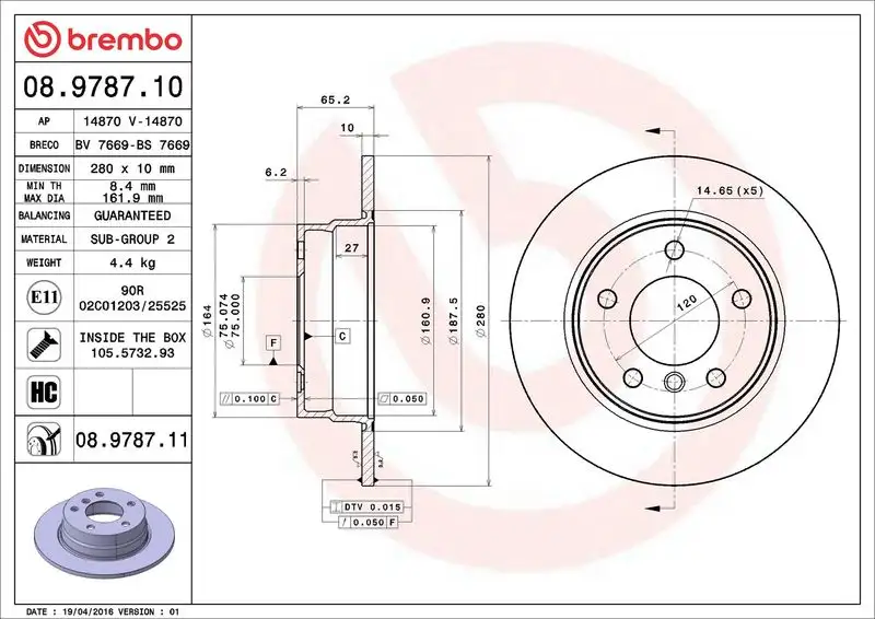 BREMBO 08.9787.11 Arka Fren Diski 34216855001 resmi