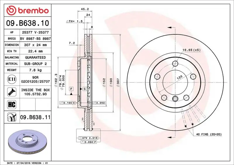BREMBO 09.B638.11 Ön Fren Diski 34119811538 resmi