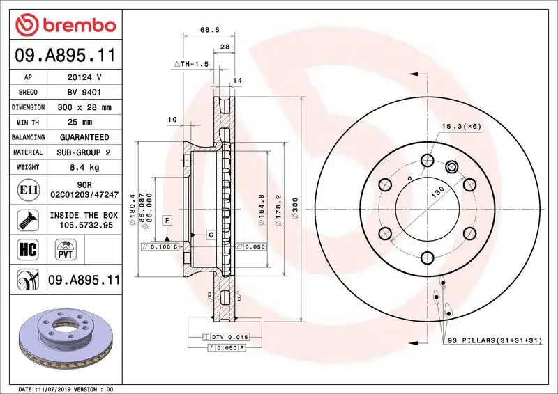 BREMBO 09.A895.11 Ön Fren Diski A9104210100 resmi