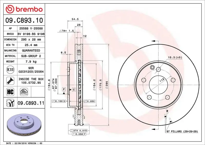 BREMBO 09.C893.11 Ön Fren Diski resmi