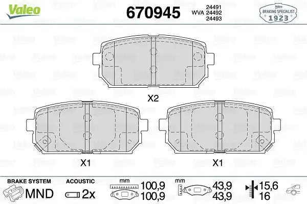 VALEO 670945 Arka Fren Balatası 583021DE00 resmi