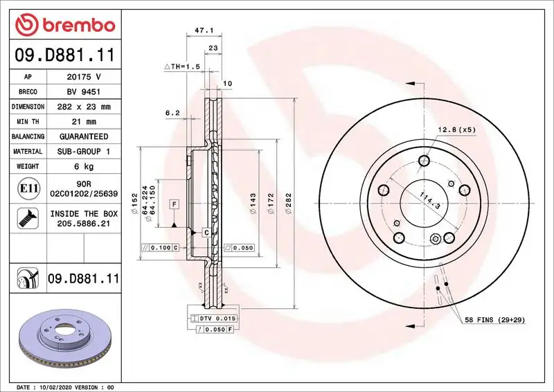 BREMBO 09.D881.11 Ön Fren Diski 45251TBAA01 resmi