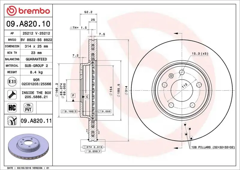 BREMBO 09.A820.11 Ön Fren Diski resmi