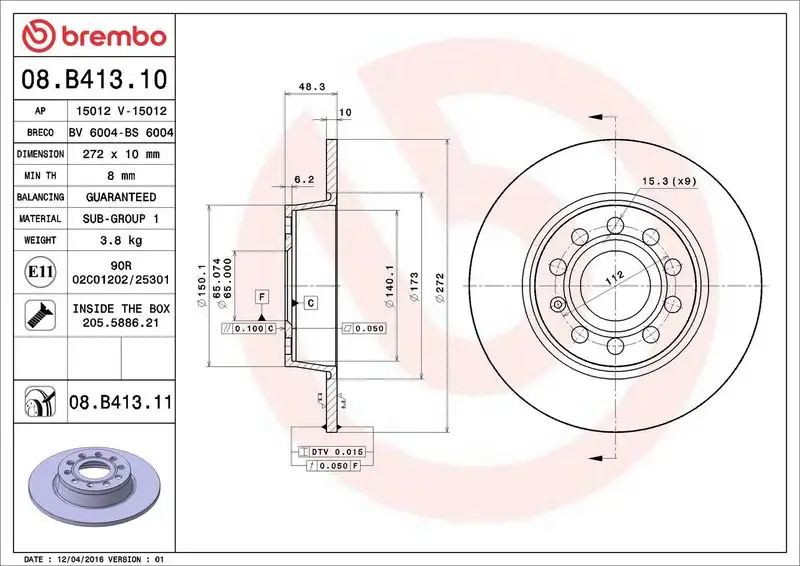 BREMBO 08.B413.10 Arka Fren Diski resmi