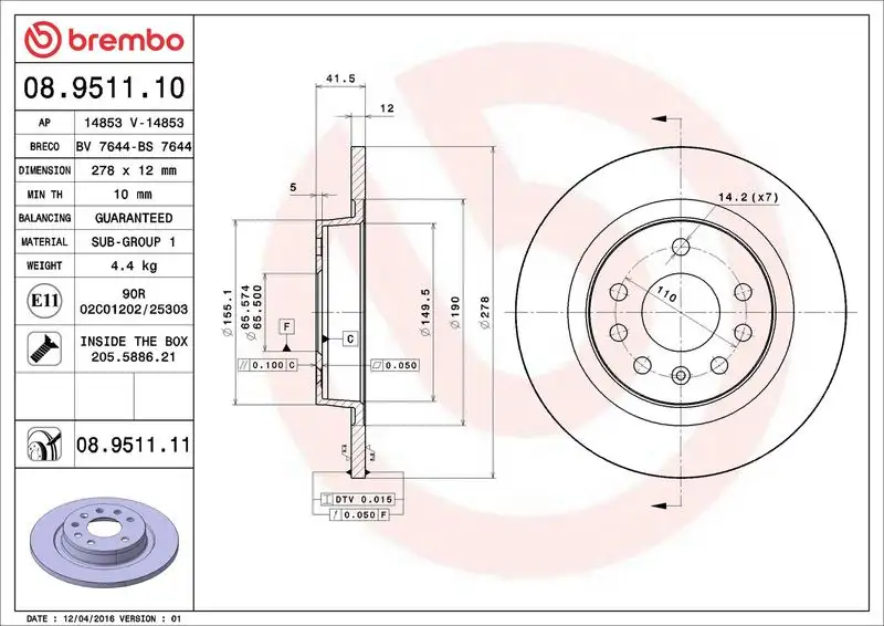 BREMBO 08.9511.10 Arka Fren Diski resmi