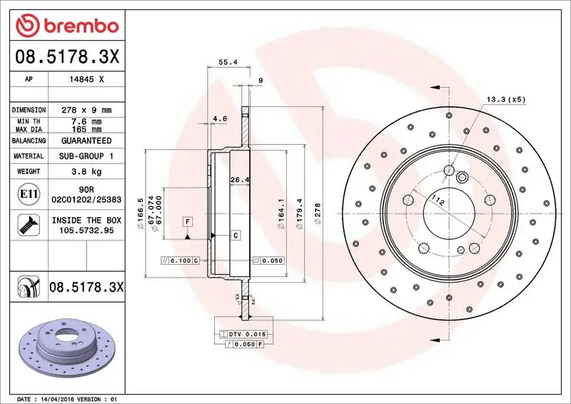 BREMBO 08.5178.3X Arka Fren Diski resmi