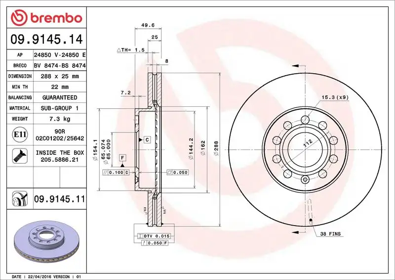 BREMBO 09.9145.11 Ön Fren Diski resmi
