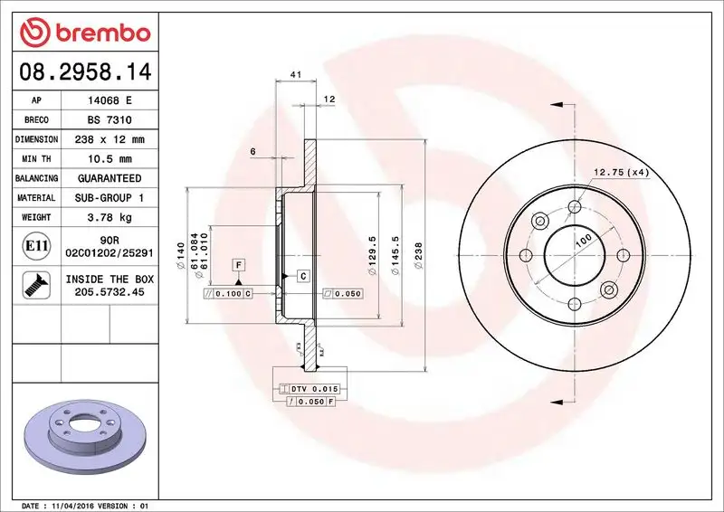 BREMBO 08.2958.14 Ön Fren Diski resmi