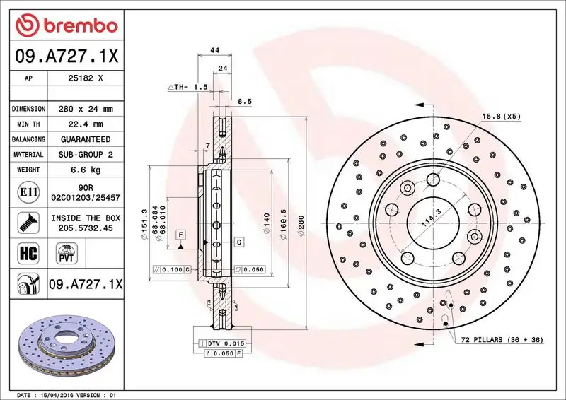BREMBO 09.A727.1X Ön Fren Diski resmi
