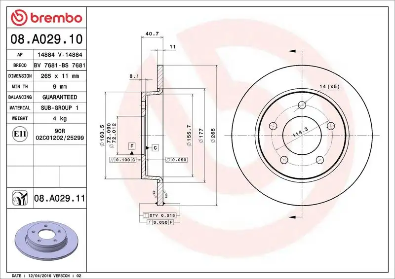 BREMBO 08.A029.10 Arka Fren Diski resmi