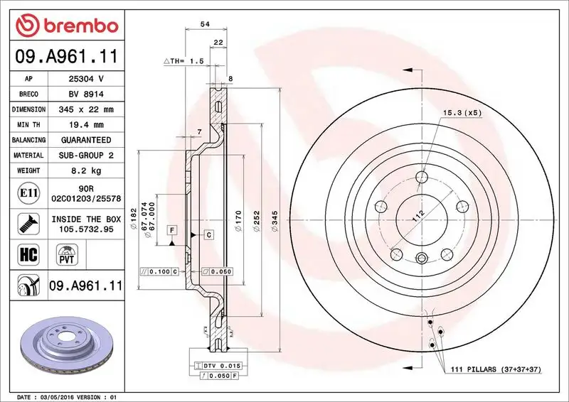 BREMBO 09.A961.11 Arka Fren Diski A1664230700 resmi