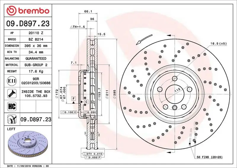 BREMBO 09.D897.23 Ön Fren Diski (Sol) 34116878045 resmi