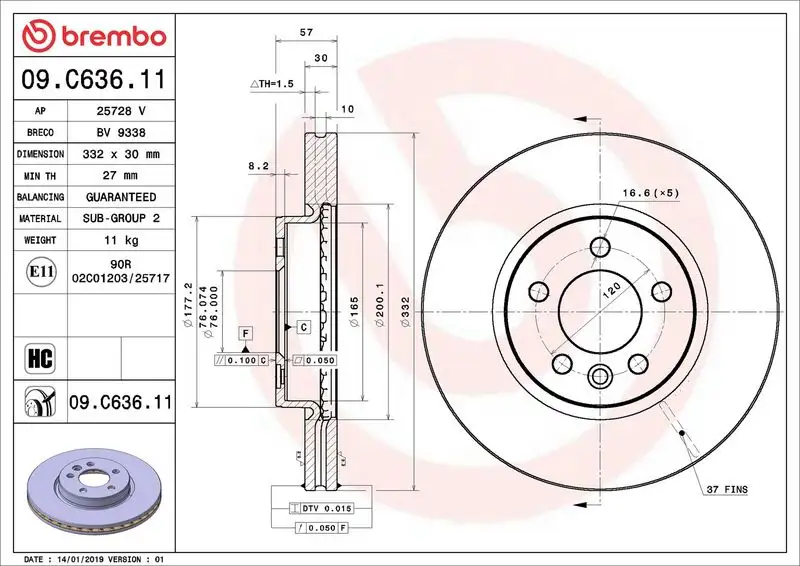 BREMBO 09.C636.11 Ön Fren Diski 2H6615301 resmi