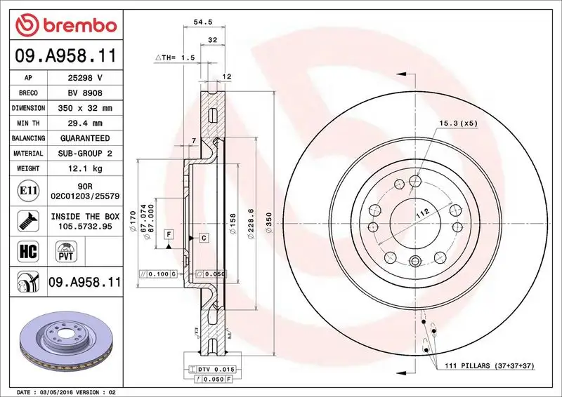 BREMBO 09.A958.11 Ön Fren Diski A1664210712 resmi
