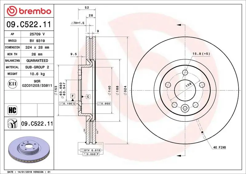 BREMBO 09.C522.11 Ön Fren Diski resmi