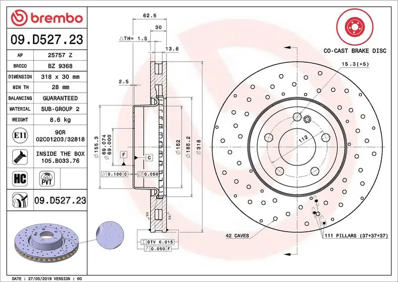 BREMBO 09.D527.23 Ön Fren Diski A0004212112 resmi