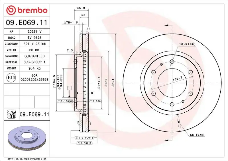 BREMBO 09.E069.11 Ön Fren Diski 4615A223 resmi