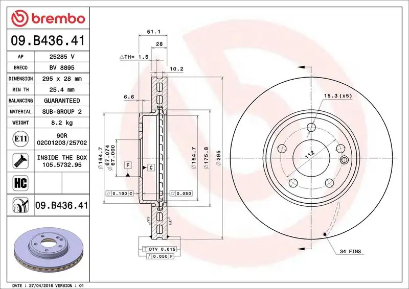 BREMBO 09.B436.41 Ön Fren Diski A2464212412 resmi