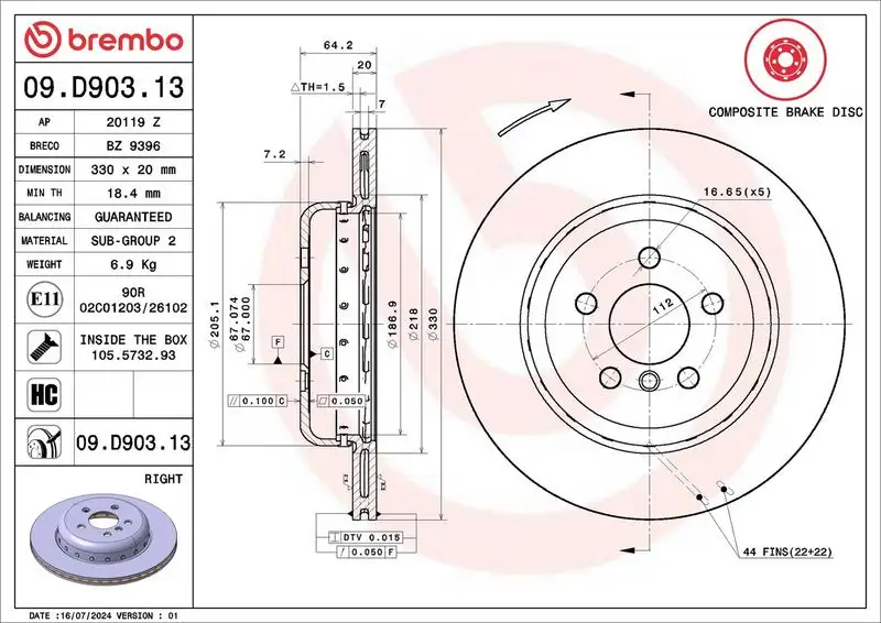 BREMBO 09.D903.13 Arka Fren Diski (Sağ) resmi